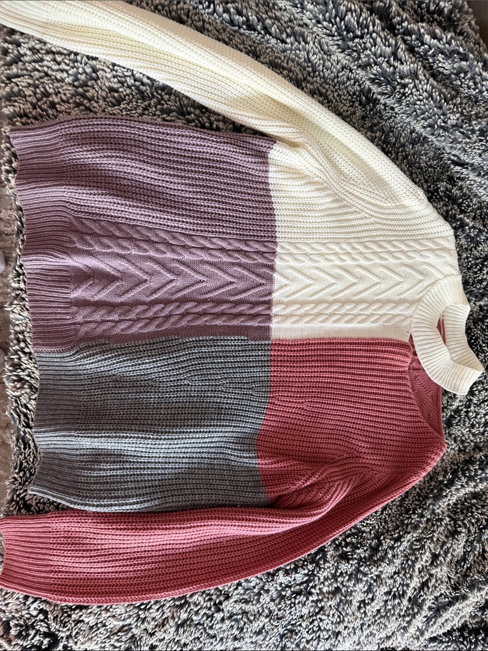 Main Strip Colorblock Cable Knit Turtleneck Sweater in White, Mauve, Gray, Rose